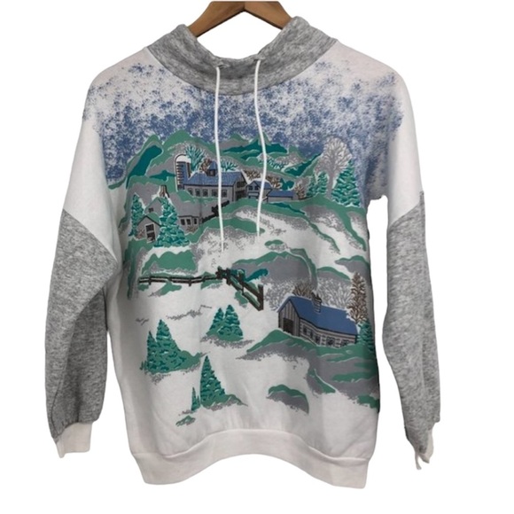 Vintage Petite Winter Snowy hill landscape festive high neck pullover sweatshirt - Picture 1 of 16